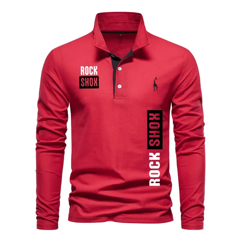 New long-sleeved POLO shirt golf shirt ROCK SHOX print 100% cotton Harajuku hip hop trend men\'s shirt Brand Men\'s sweatshirt