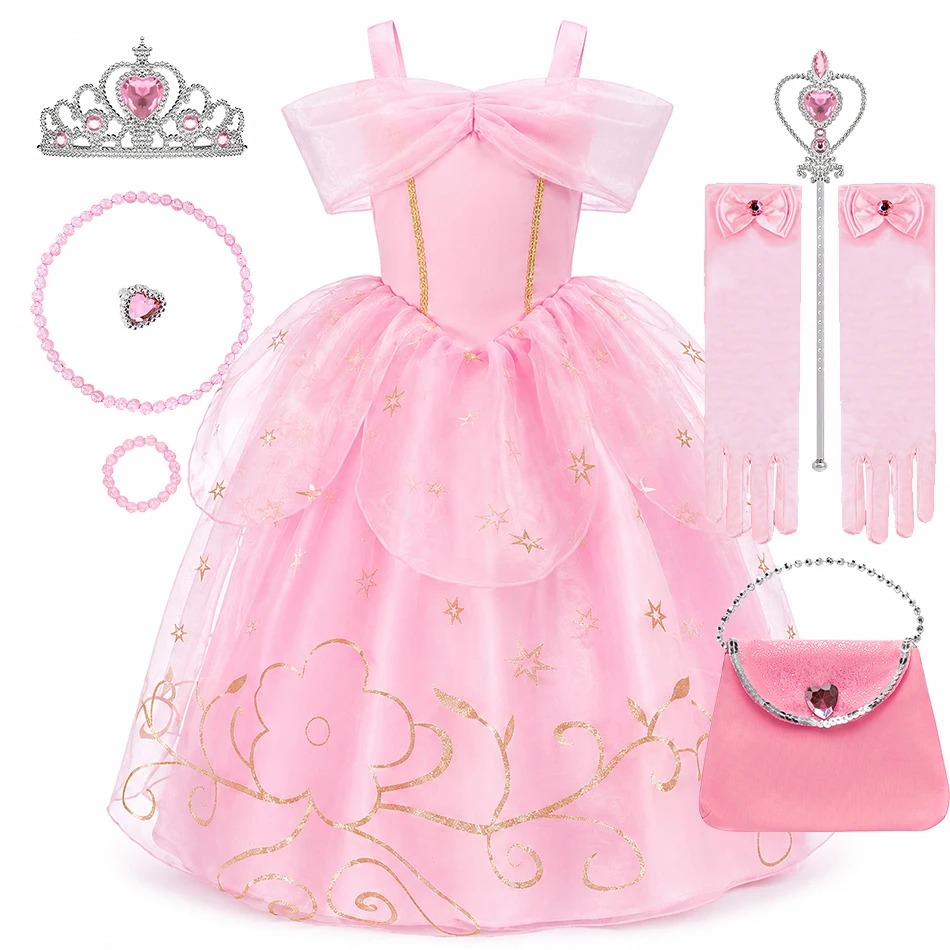 Girls Pink Princess Dress Accessories Set Kids Birthday Party Cosplay Costume Halloween Carnival Ball Gown Book Week Dress