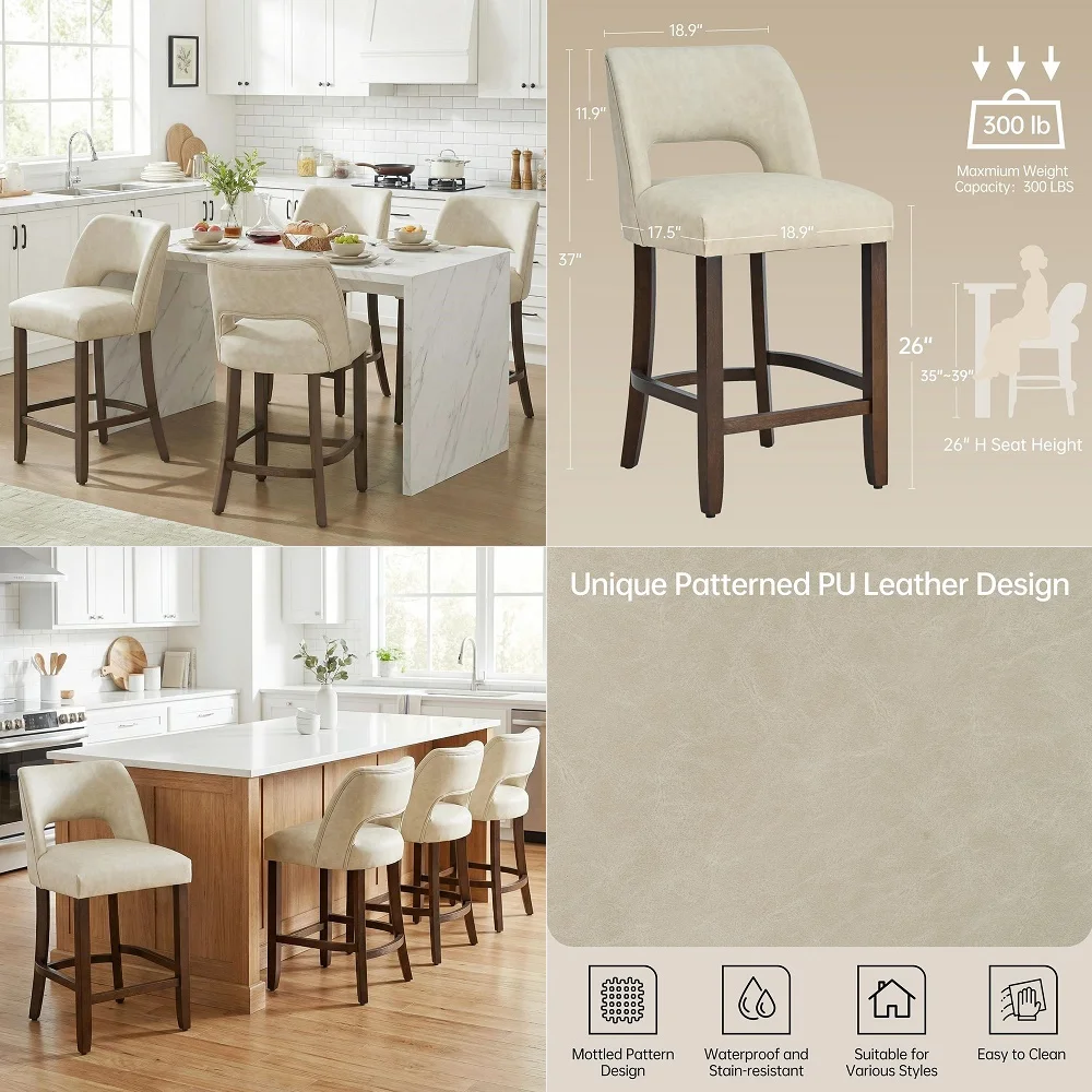 

26 Bar Stools Set of 4, Faux Leather Counter Height Bar Stools with Backrest and Rubberwood Legs, Upholstered Barstools for Kit