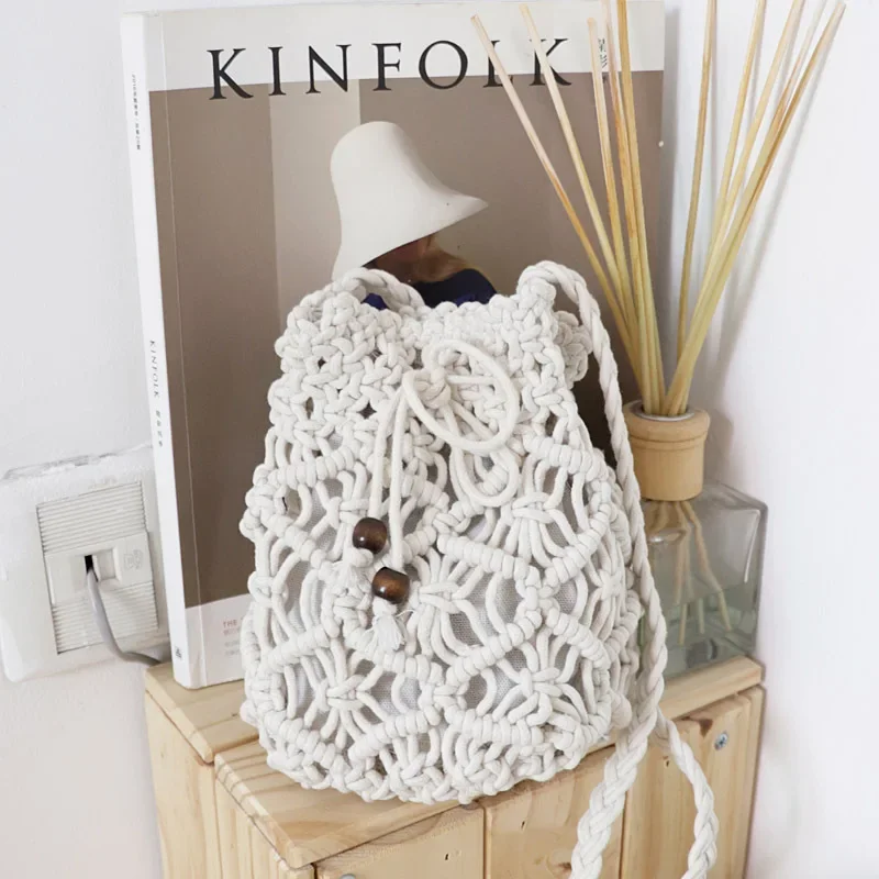 Female Summer Beach Crochet Phone Small White Side Shoulder Bag Bohemian Boho Chic Gypsy Hippie Braided Bucket Crossbody Bag