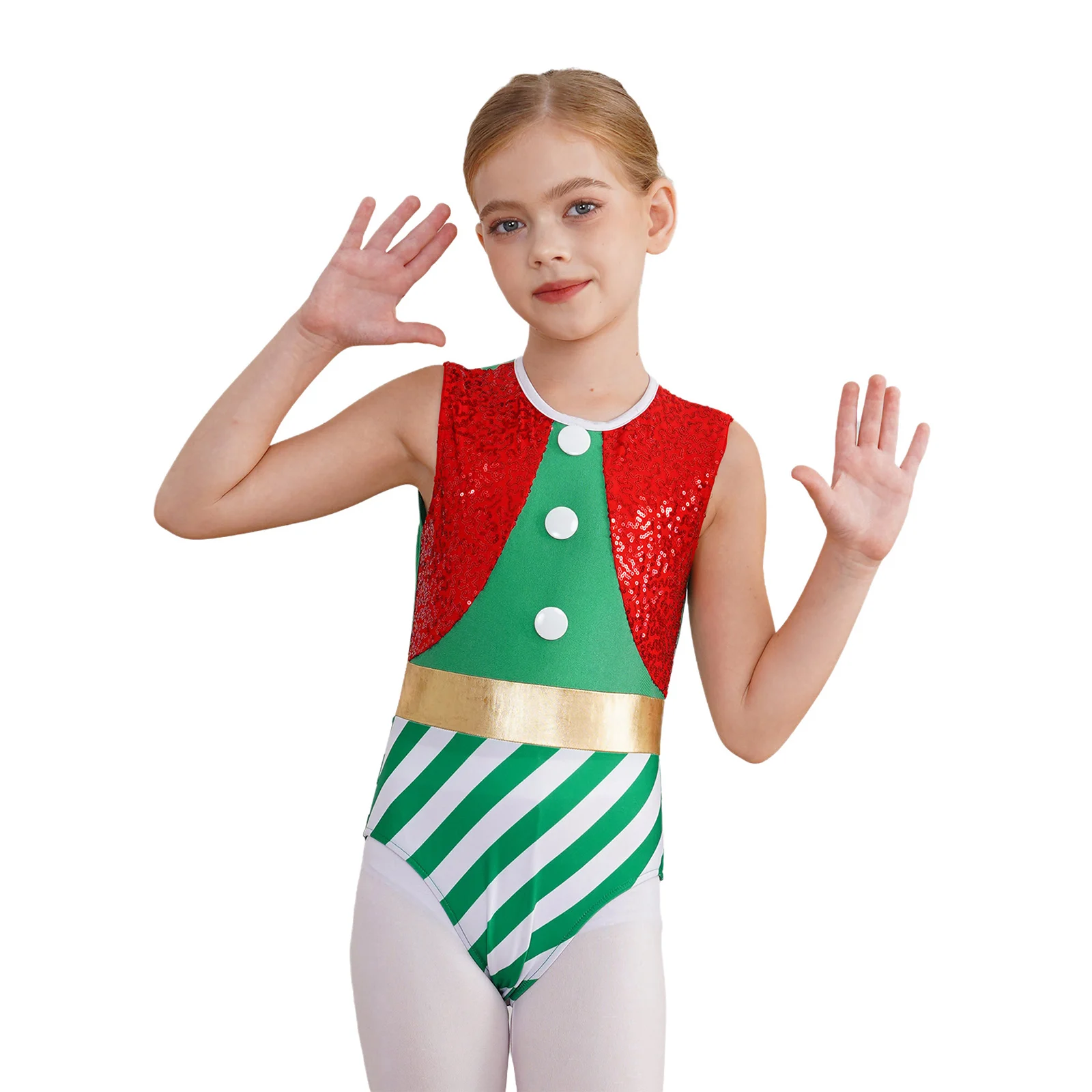 Sequins #4-14 Kids Girls Christmas Cheering Costume Sleeveless Jumpsuit Sequins Stripes Dance Leotard Gymnastic Unitard Bodysuit