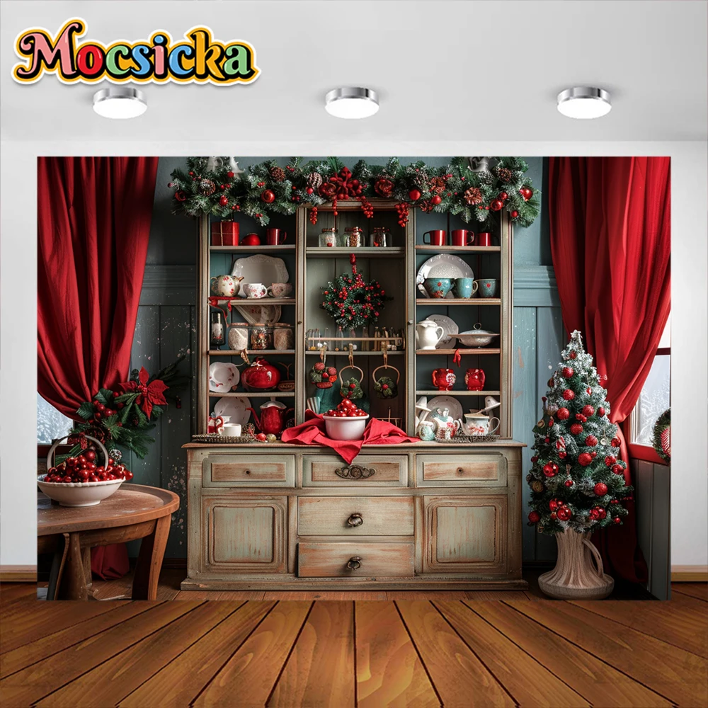 Weihnachts küche Fotografie Hintergrund Girlande Weihnachten Baum Schrank Vorhang Party Decora liefert Erwachsenen Kidspor trait Studio Requisiten