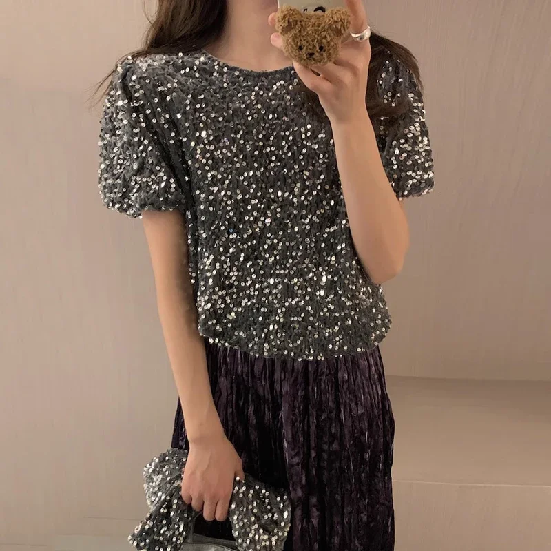 Spliced Sequined 2024 New Women Clothing Round Neck Ropa Mujer Fashion Loose Camisas Korean Elegant Tops with Oversleeve