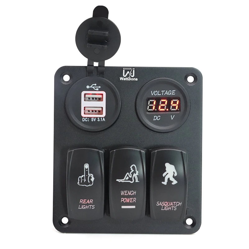 3 Gang Waterproof Aluminum Laser Etched Rocker Switch Panel With Dual USB Charger LED Voltmeter for Cars Trucks Boats