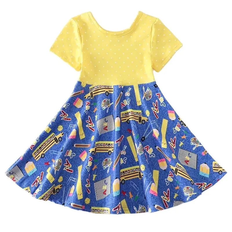 

Back To School Short Sleeve Pencil Book Print Baby Girls Dress Children Boutique Clothing Wholesale SkirtSchool bus girl dresses