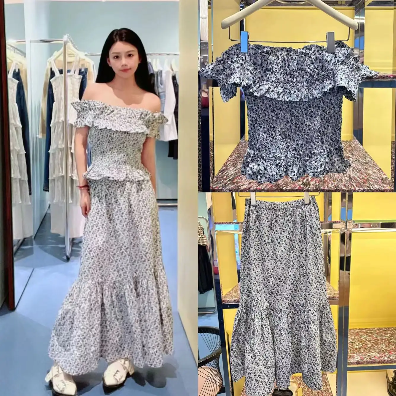 

Новый модный женский комплект Nordic Spring Summer: топ на одно плечо с цветочным принтом и плиссированная юбка с эластичной талией, отделка кружевом, цвет голубой озерный.