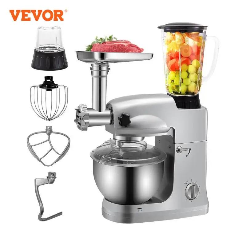 VEVOR-mezclador planetario 4 en 1 de 1000W, cuenco de acero inoxidable de 5L, picadora de carne, exprimidor, batidor de huevos para pastel, procesador de alimentos para cocina casera