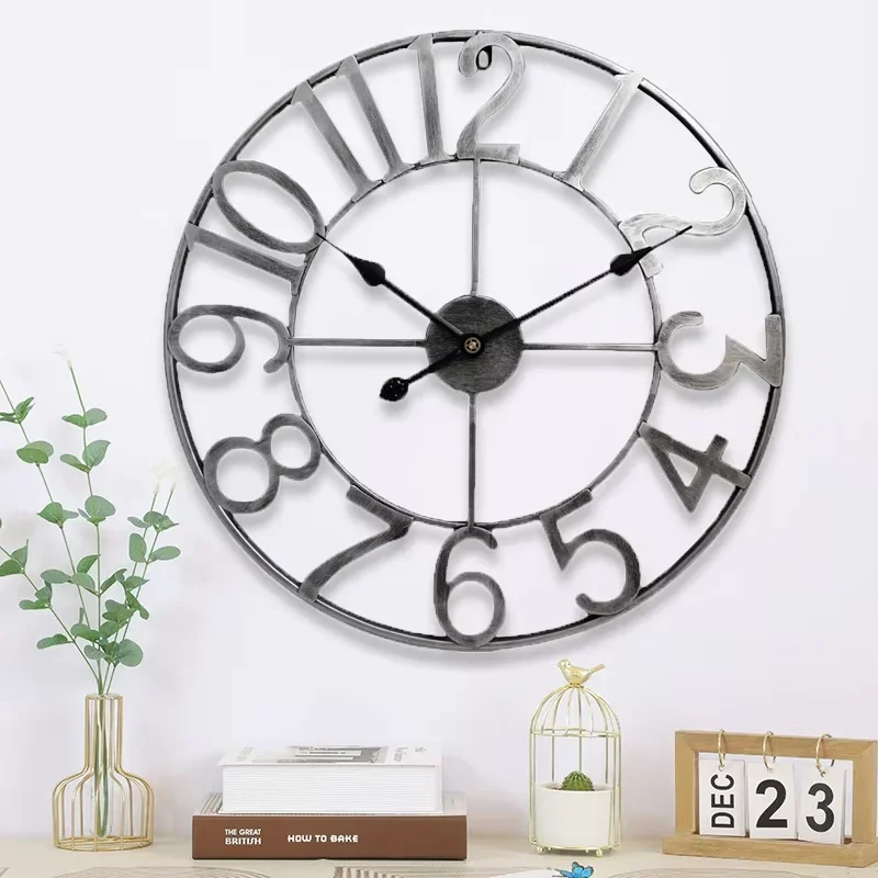 

-60cm 24 inch Modern Metal Wall Clocks Round Nearly Silent Battery Operated Black Roman Numerals Clock for Living Room