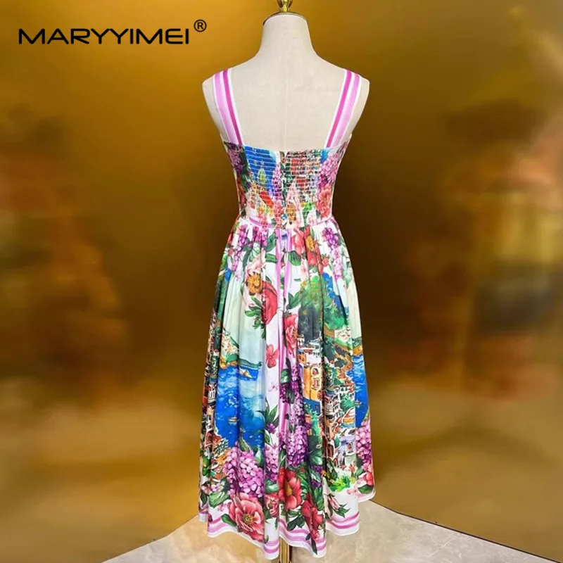 MARYYIMEI Summer Women\'s Dress Spaghetti Strap Backless Square-Neck Beach Vacation New Fashion Big Swing Cotton Dresses