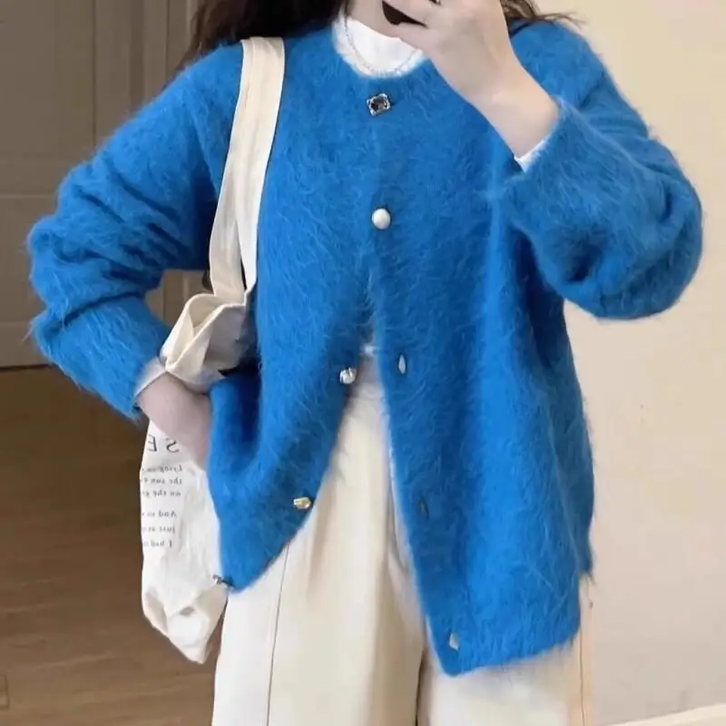 

blue sweater coat Women's autumn winter new model Lazy Wind soft and sticky knit cardigan tops fashionable casual elegance