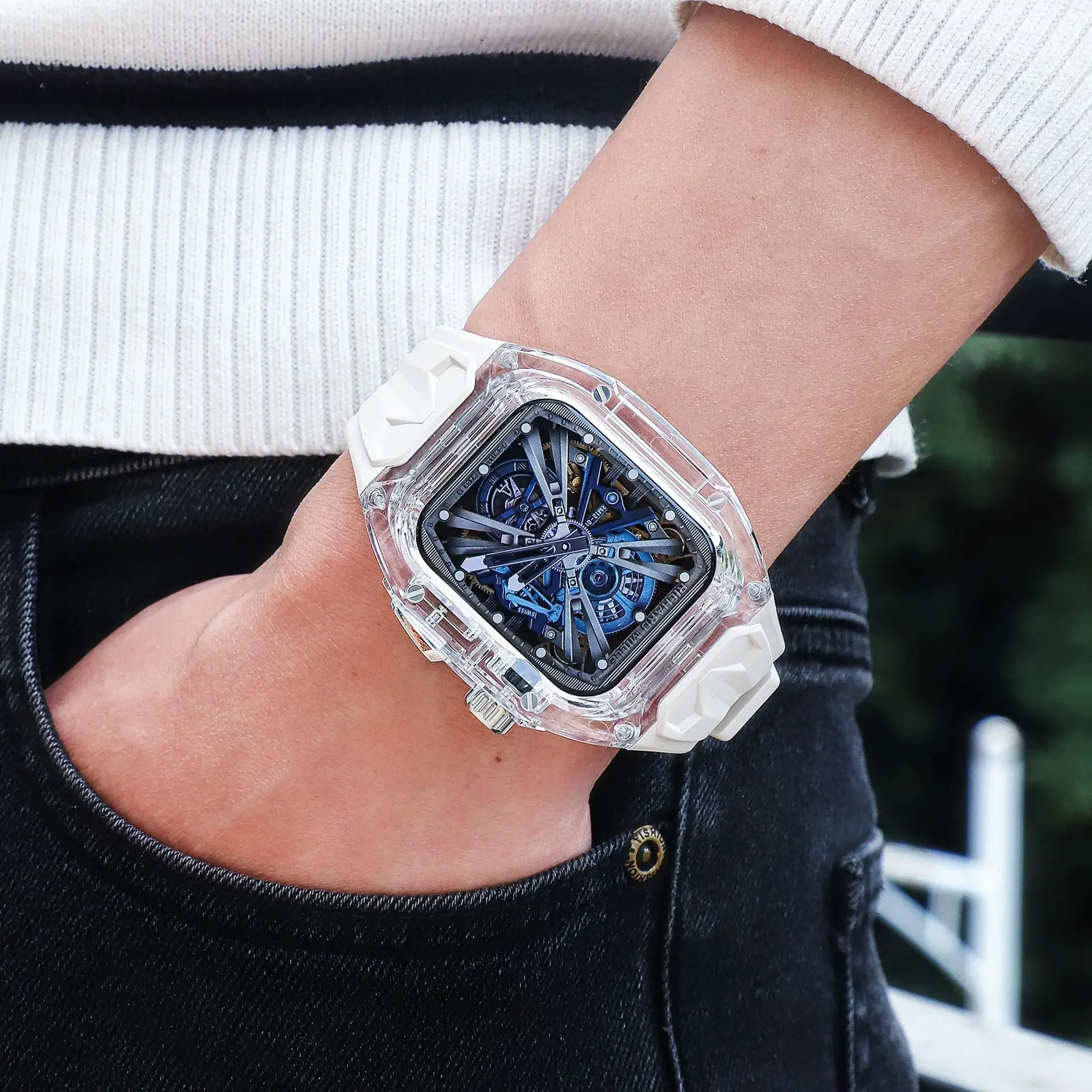 حزام ساعة ريتشارد مايل لسلسلة iWatch 10/Ultra2، 46 ملم 49 ملم 45 ملم 44 ملم 42 ملم، علبة كريستال + حزام سيليكون لسلسلة 9/8/7/SE2