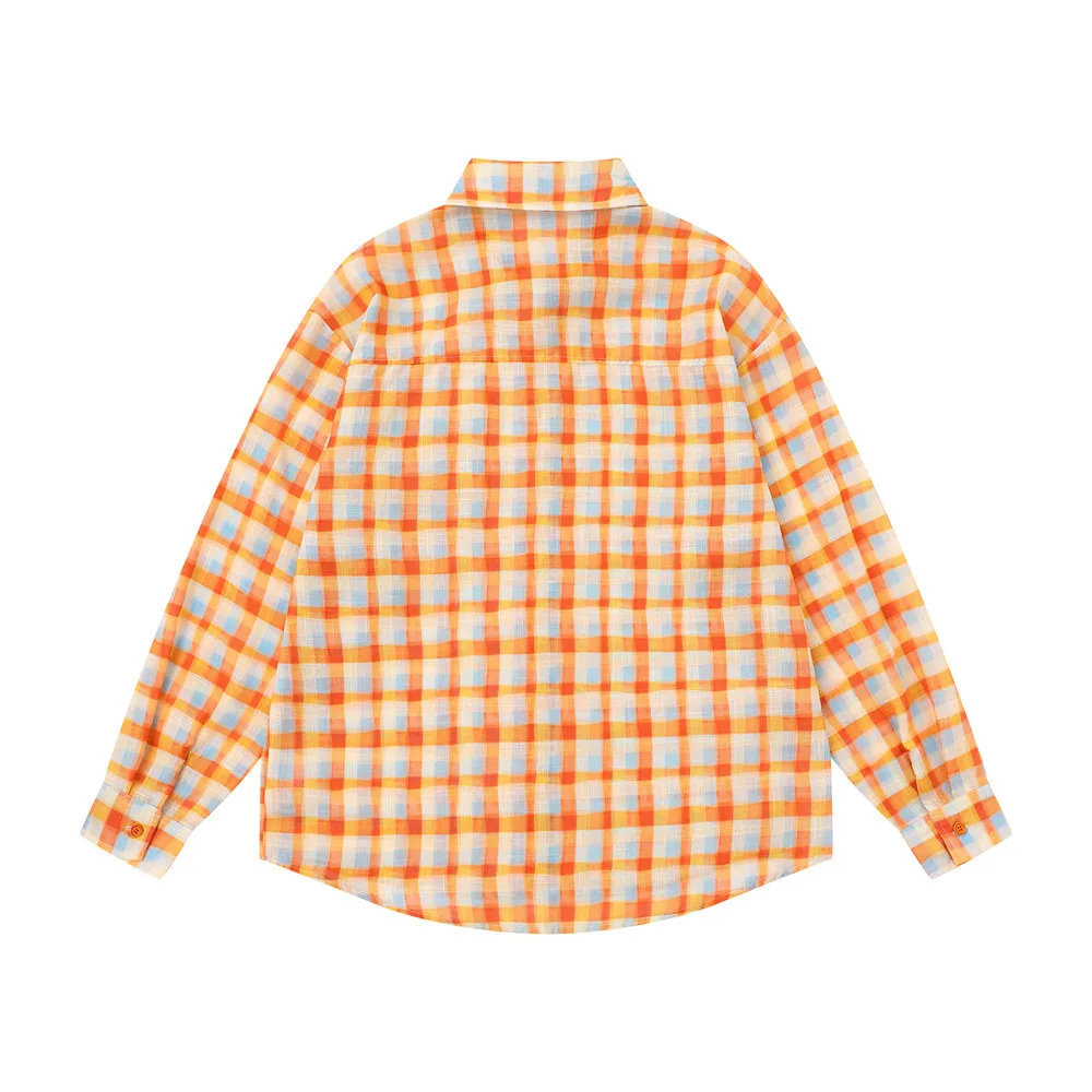 MWJLPWQ Plaid Long-Sleeve Shirt Men Spring Autumn Street Fashion Japanese Style Versatile Letter Embroidery Pockets Tops 20618