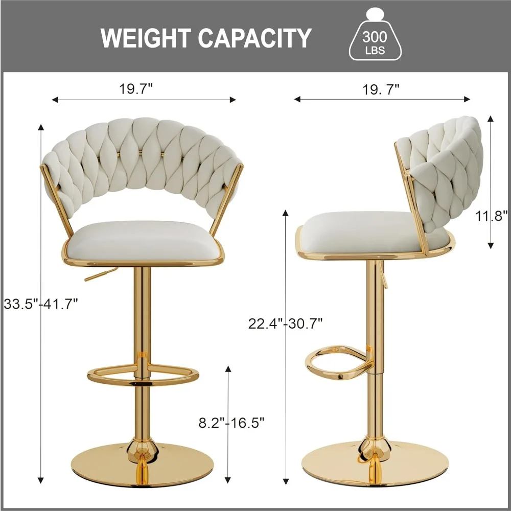 

"Set of 2 Velvet Swivel Bar Stools - Gold Woven Back w/ Adjustable Height & Footrest"​