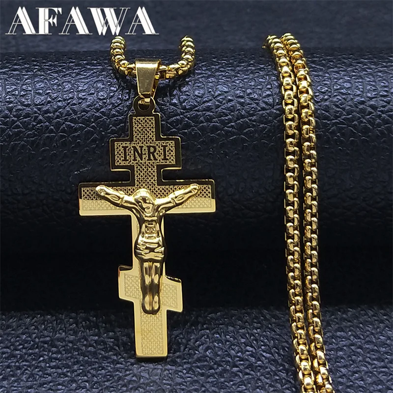 Catholic Orthodox Cross Necklace Stainless Steel Gold Color INRI Crucifix Jesus Necklaces Holy Jewelry cordao masculino N4935S02