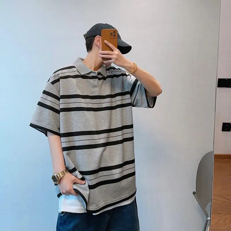 High Street Vintage Striped Polo Shirts Summer Casual Short Sleeve Men's Clothing Polo-Neck Fashion Button Basic Loose T-shirts