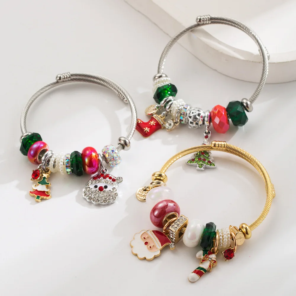 Christmas Stainless Steel Bracelet Women Gold Wire Cable Bangle Enamel Santa Candy Cane Charm Xmas Jewelry Holiday Party Girls
