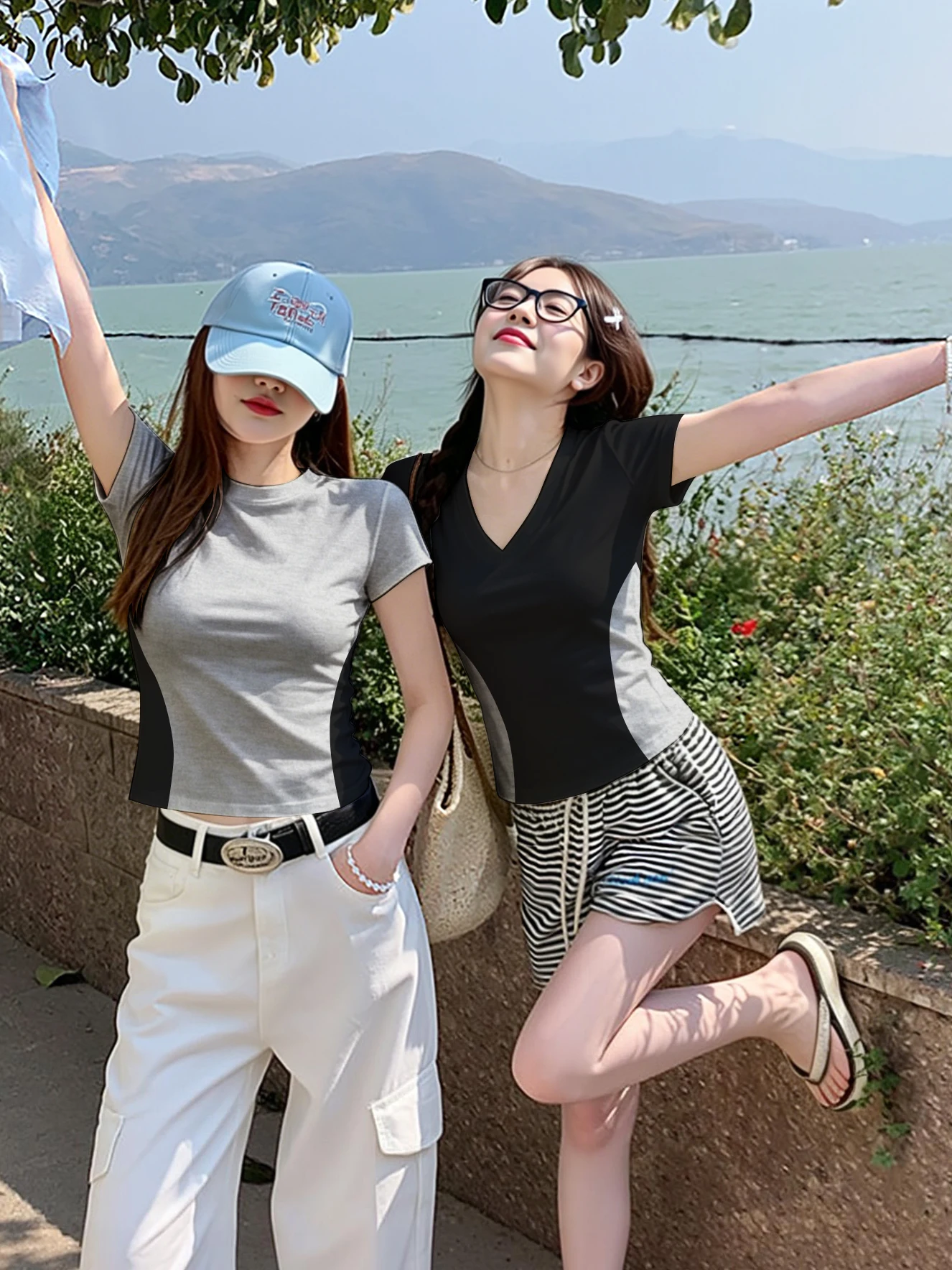 Retro Black Grey Color Block V Neck Short Sleeve T Shirt Women's Summer New Simple Versatile Slimming Fashion Single Wear Top