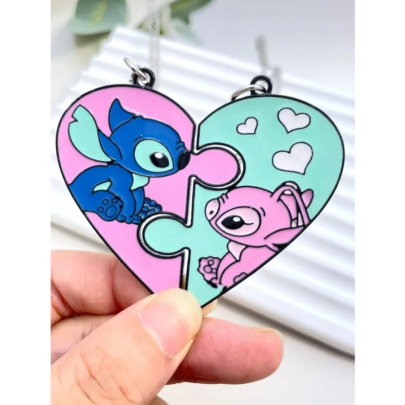 Disney Stitch & Angel Pendant Necklaces for Women Men Sweet Puzzle Heart Necklaces Keychain Accessories Gifts for Birthday Party