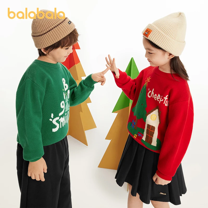 Balabala Toddler Christmas 2024 Round Neck Loose and Comfortable Sweater with Cute Cottage Pattern Childish Sweater