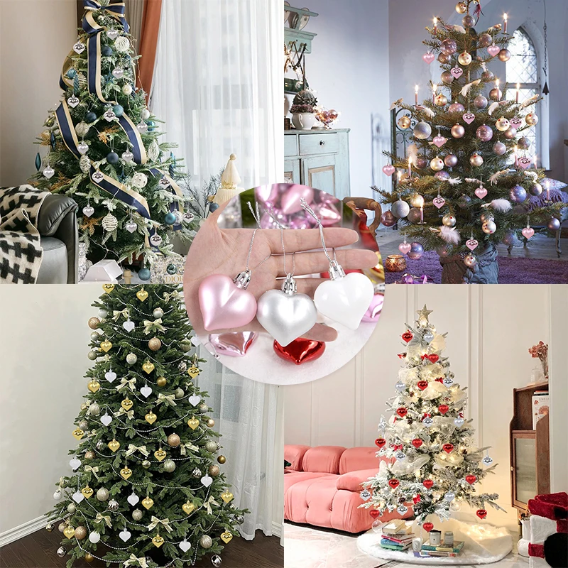 12pcs/box Christmas Pendant Plastic Heart-shaped Ornament Christmas Tree Ornaments DIY Home Decor Supplies New Year Party Gifts