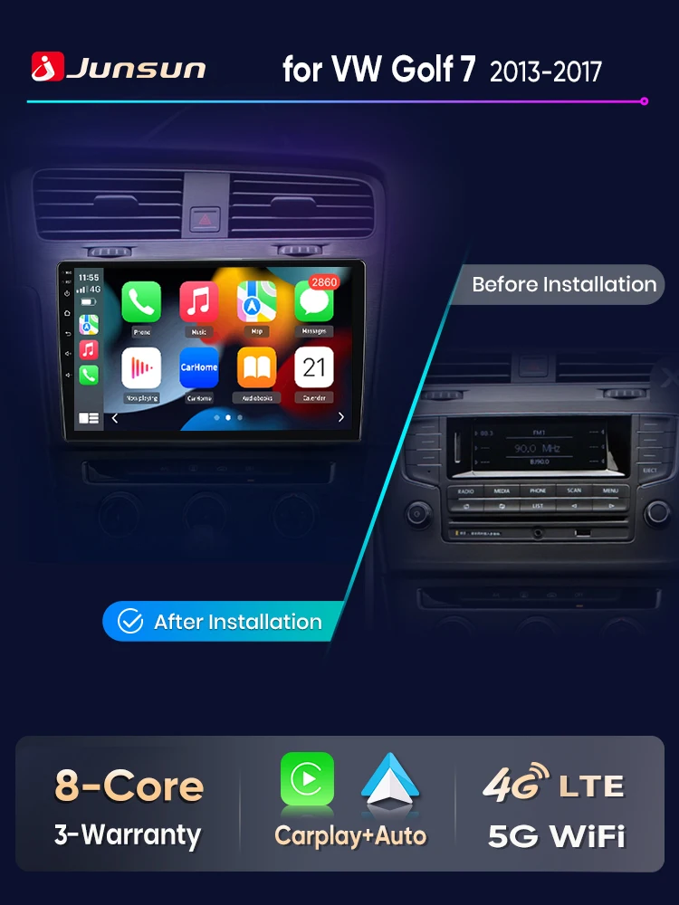 Junsun Kabelloses Apple CarPlay Android Auto für VW Golf 7 MK7 5G 2012-2017 Android Autoradio GPS-Navigation IPS-Touchscreen DSP RDS Bluetooth WiFi SWC Multimedia-Stereoanlage mit Eingebautem Lüfter