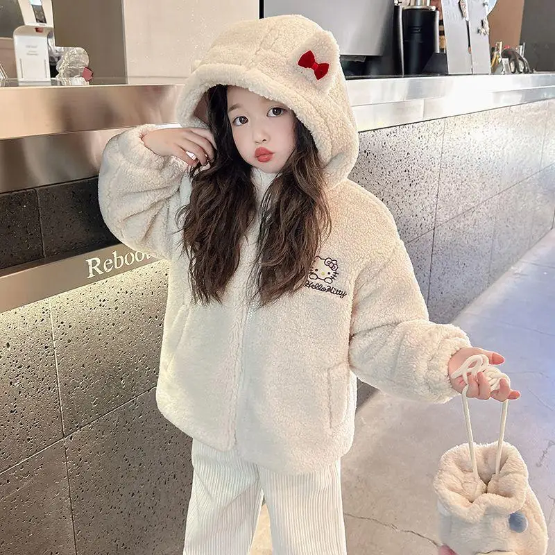 Zimowa nowa aksamitna kurtka Sanrio Hello Kitty Cartoon Child Girl Keep Warm Fleece Sweatshirt Hello Kitty Kuromi Kawaii Fashion