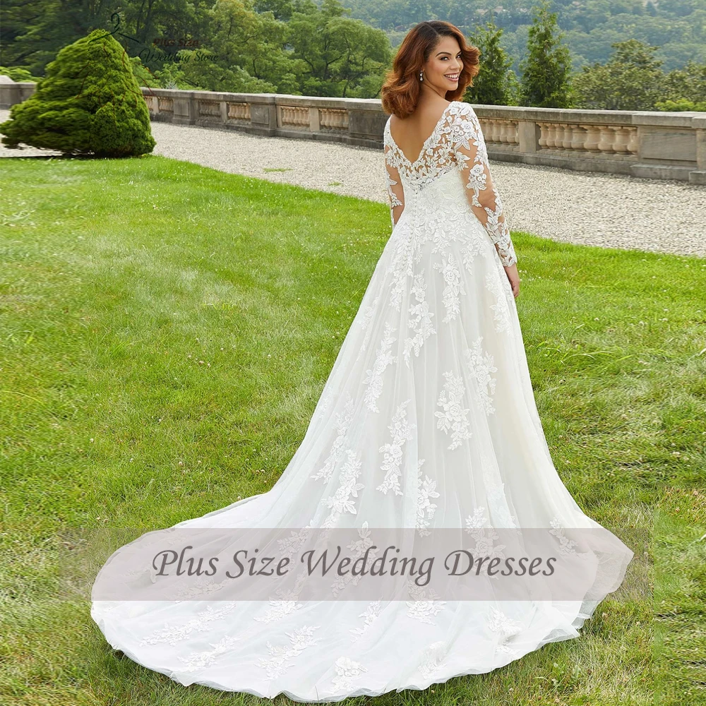 Elegant Wedding Dresses Plus Size V Neck Long Sleeves Bride Gowns Appliques Sweep Train Wedding Gowns A-Line Vestido De Noiva