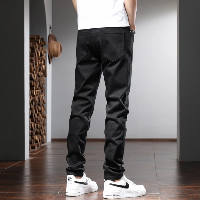 Summer Black Jeans Men Casual Slim Fit Straight Denim Pants Korean Style Simple Solid Color Trousers