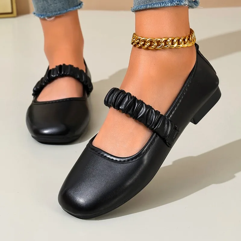 Fashion Women Scrunchie Strap Mary Jane Flats 1.5CM Low Block Heel Square Toe Soft‑Sole Light‑Weight Casual Walking Shoes