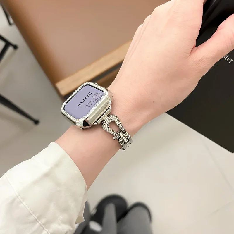 Металлический ремешок для Apple Watch Band 49 мм 46 42 45 41 38 40 44 мм с пряжкой в форме подковы Роскошный женский браслет с бриллиантами iWatch S10 9 8 7 6 5