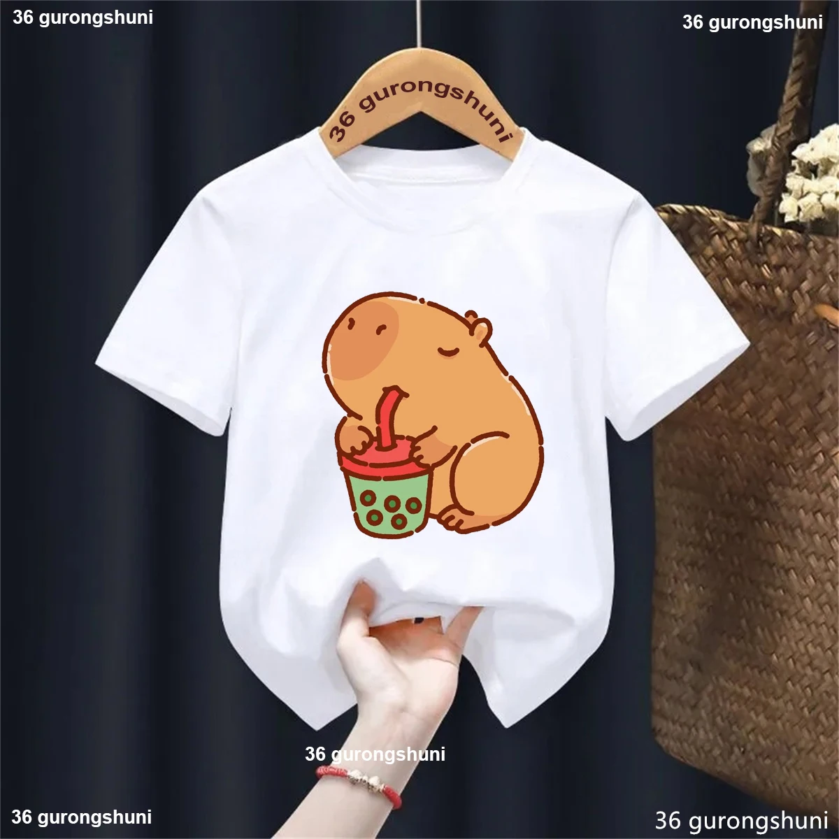 New Arrival 2025 Funny T Shirt Girls/Boys Capybara Love Boba Cartoon Printed Tshirt Kawaii Kids Clothes 3-13 Years Solid T-Shirt