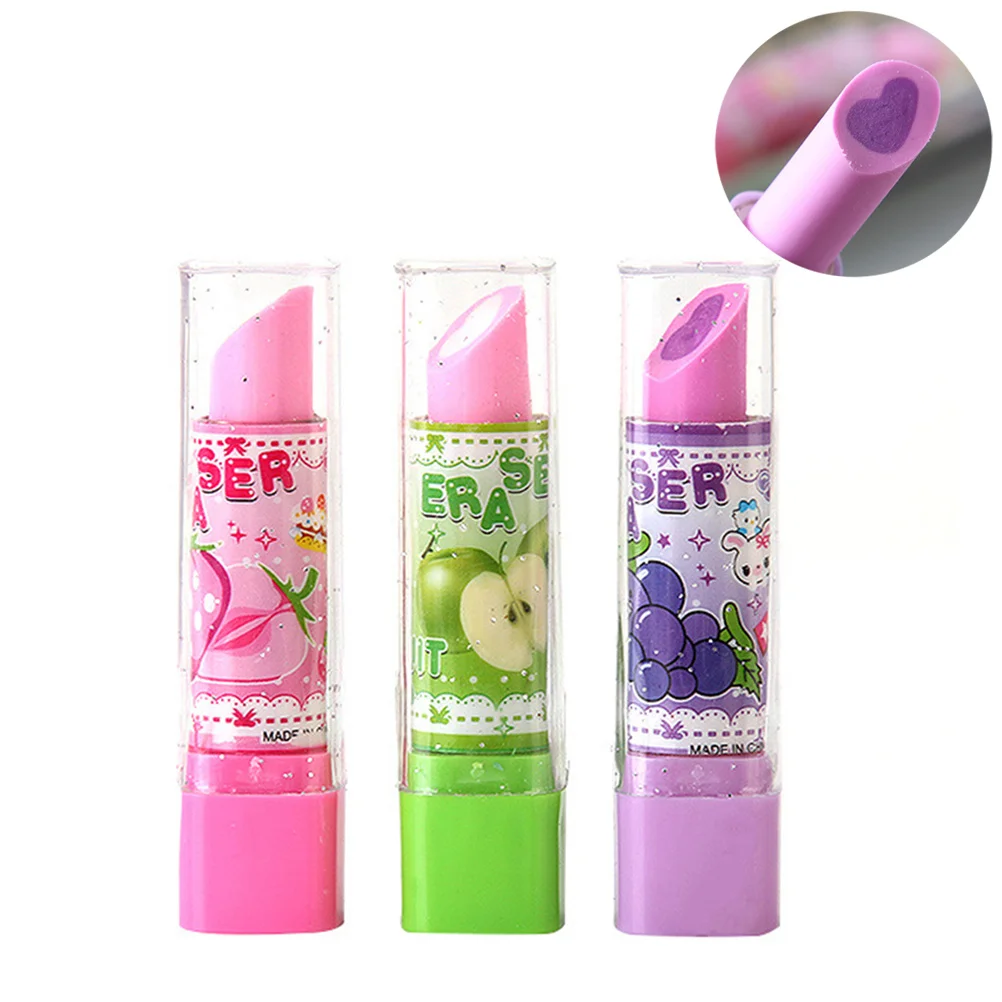 

10Pcs Lipstick Shape Eraser Creative Fruit Pattern Cartoon Stationery Perfect Gift for Kids Students Novelty Pencil Eraser