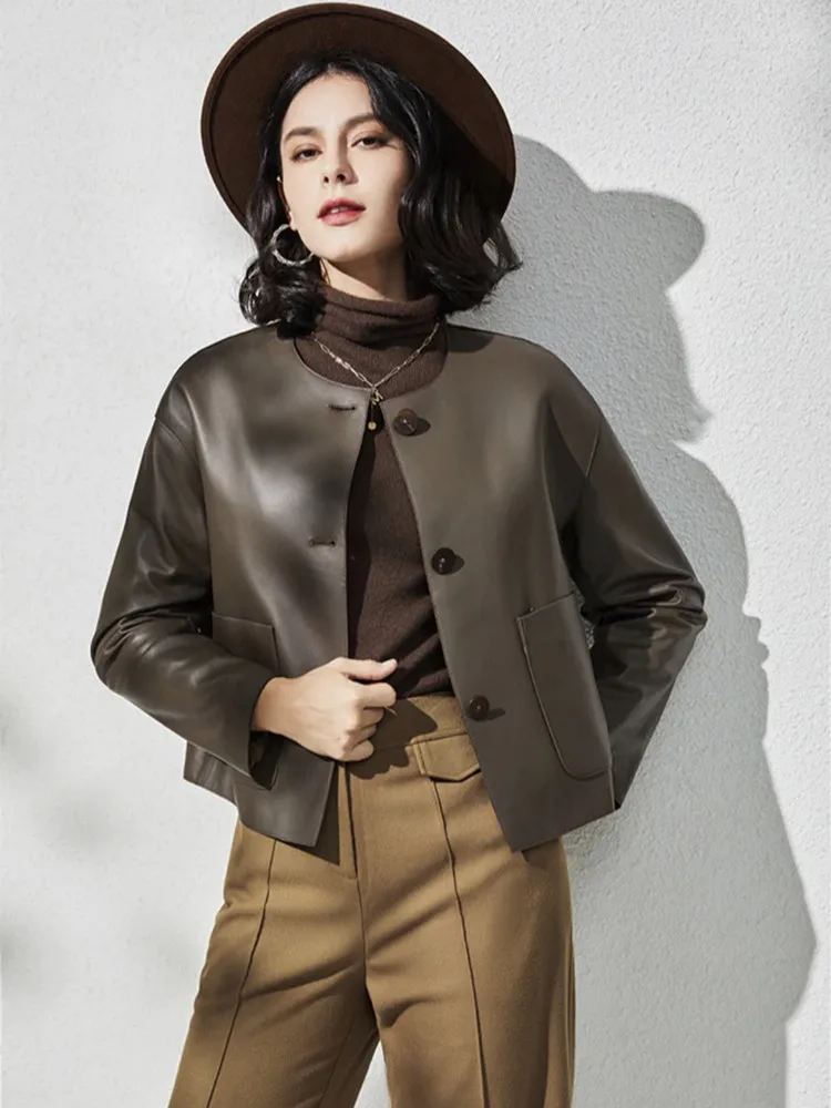 Women Leather Coat, Drop Shoulder, Genuine Sheepskin, Round Neck, Small, Short, Solid, Spring, Autumn