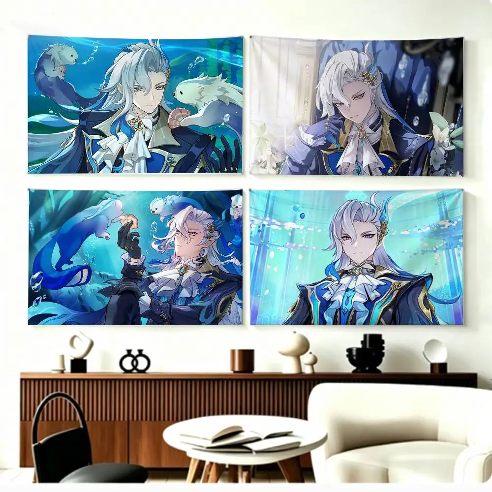 Genshin Hydro Sovereign N-Neuvillette Flags Wall Hanging Background Art Banner for Bedroom Home Outdoor Decor