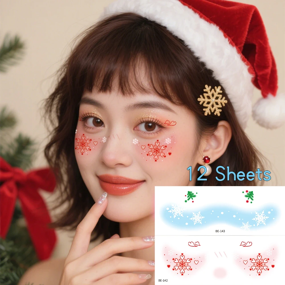 12 Sheets Christmas Temporary Tattoo Stickers - Festive Face & Eye Decals for Women, Holiday Party Makeup with Santa, Snowflakes