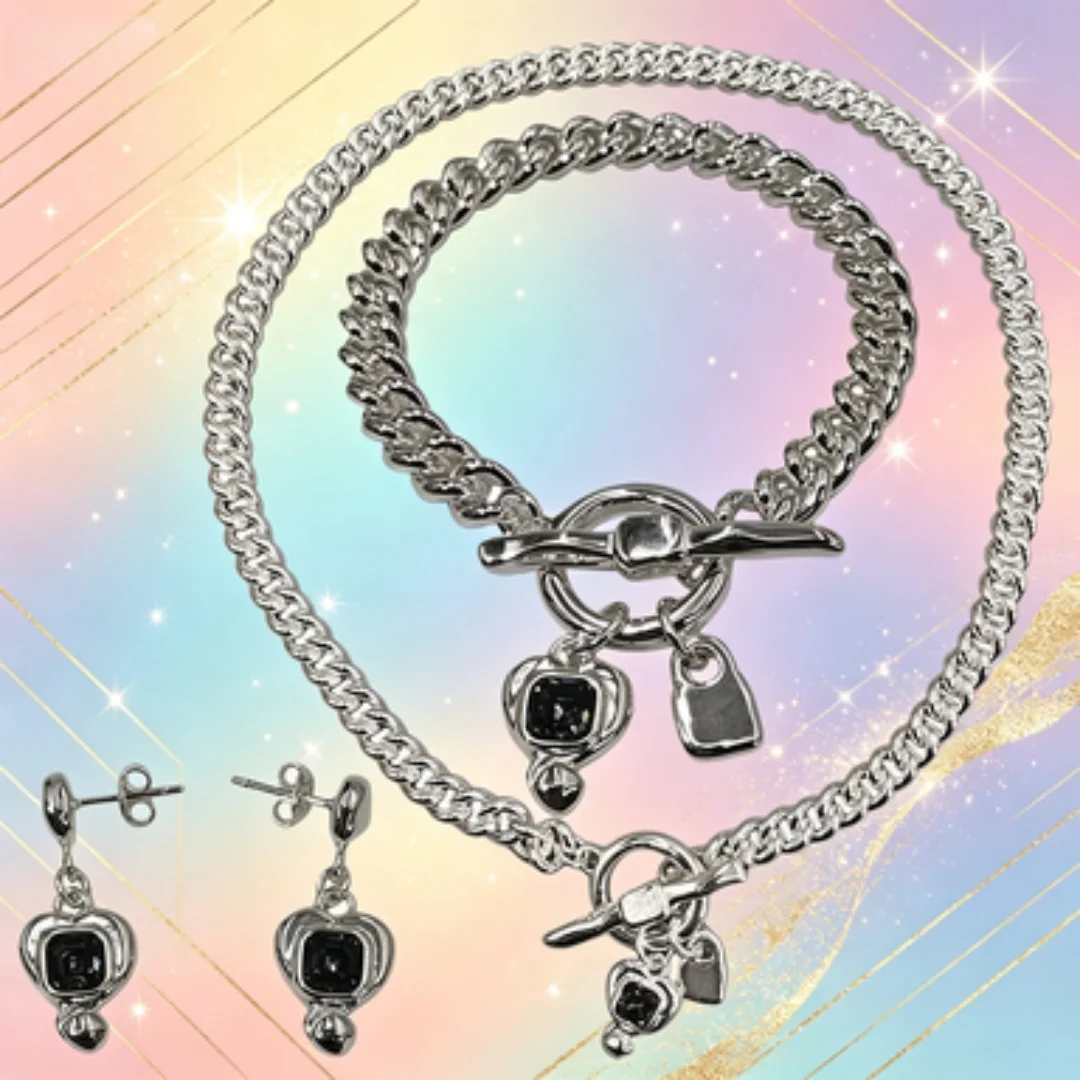 2026 Autumn Exquisite Fairy Heart Shaped Grey Crystal Earrings Necklace, Jewelry Three Piece Set Premium Gift