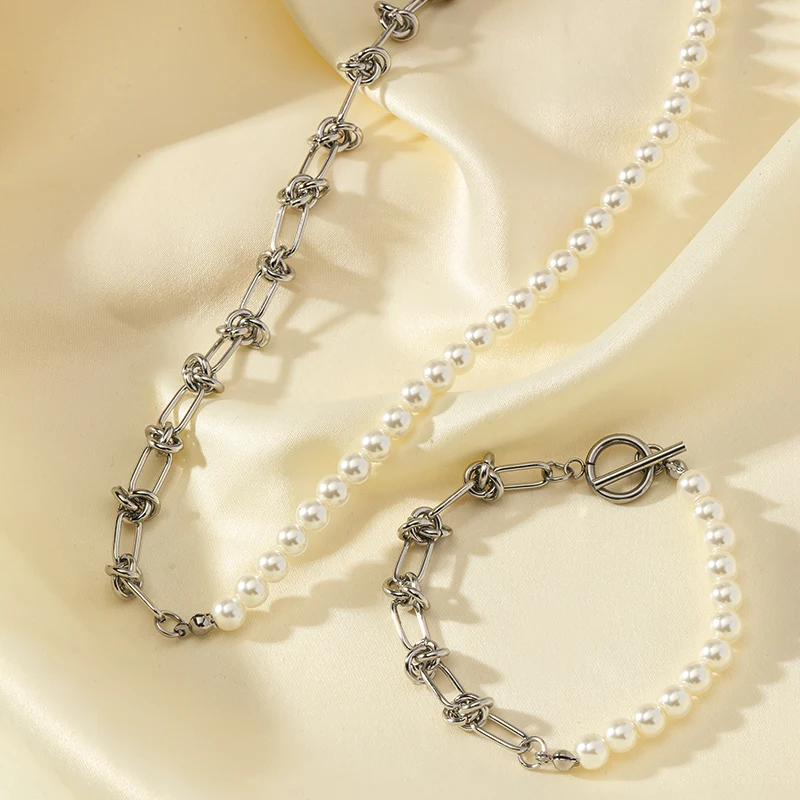 EILIECK 316L Edelstahl Asymmetrisches Perlenketten-Halsketten-Armband-Set für Damen, Modisches Silberfarbenes Wasserdichtes Schmuckgeschenk – Detail 12