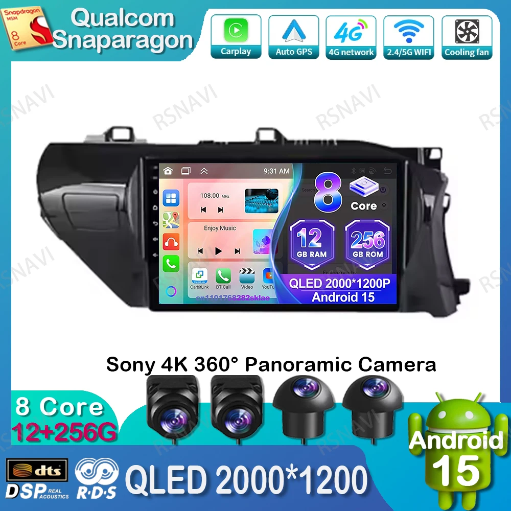 Radio de coche Android 15 para Toyota Hilux Pick Up AN120 2015 2016 - 2022 2023 RHD AUTO WIFI + 4G Snapdragon 9/10 pulgadas estéreo inalámbrico