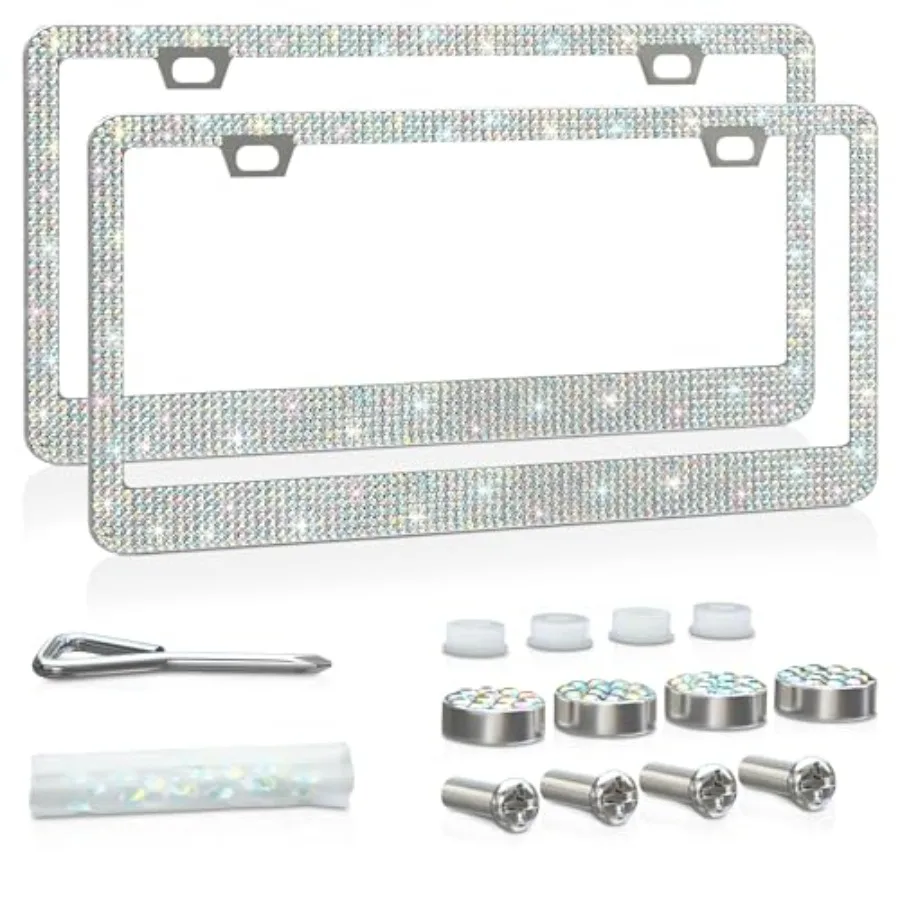 

Bling License Plate Frame 2 Pack Stainless Steel Sparkle License Plate Frames for Women with Screws and Caps for Easy Installat
