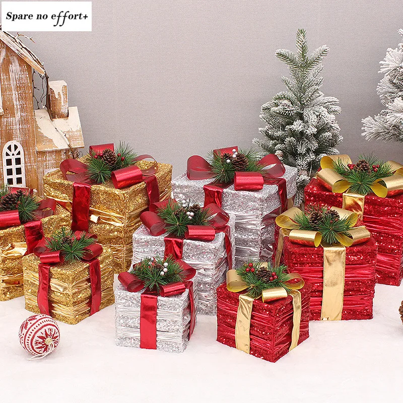 

3pcs/set Christmas Decoration Gift Box With Lights Christmas Tree Ornament Luminous Home Outdoor Mall Market Navidad Xams Gift