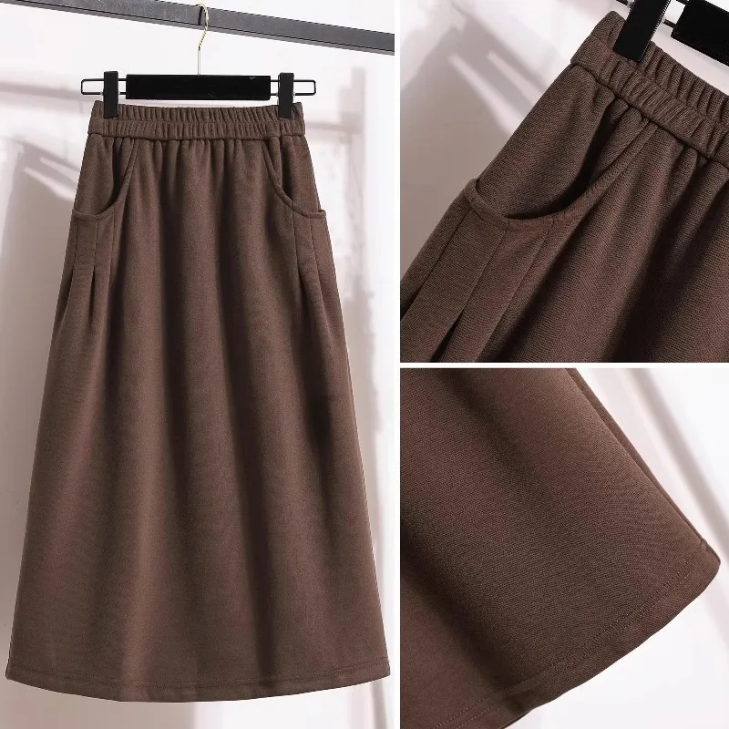 Autumn Winter New Elastic Waist A-line Umbrella Skirt Black Half Body Skirt Fat MM High Waist Slim Casual Long Dress