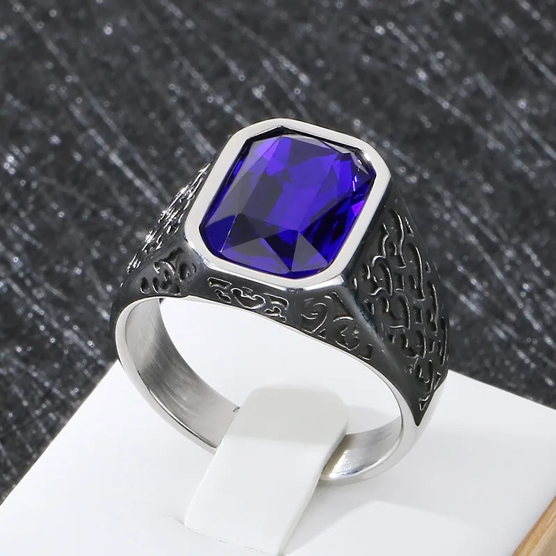 

Domineering Vintage Ruby Chunky Ring For Men Stainless Steel Personalized Square Gemstone Ring Gift Trend Jewelry