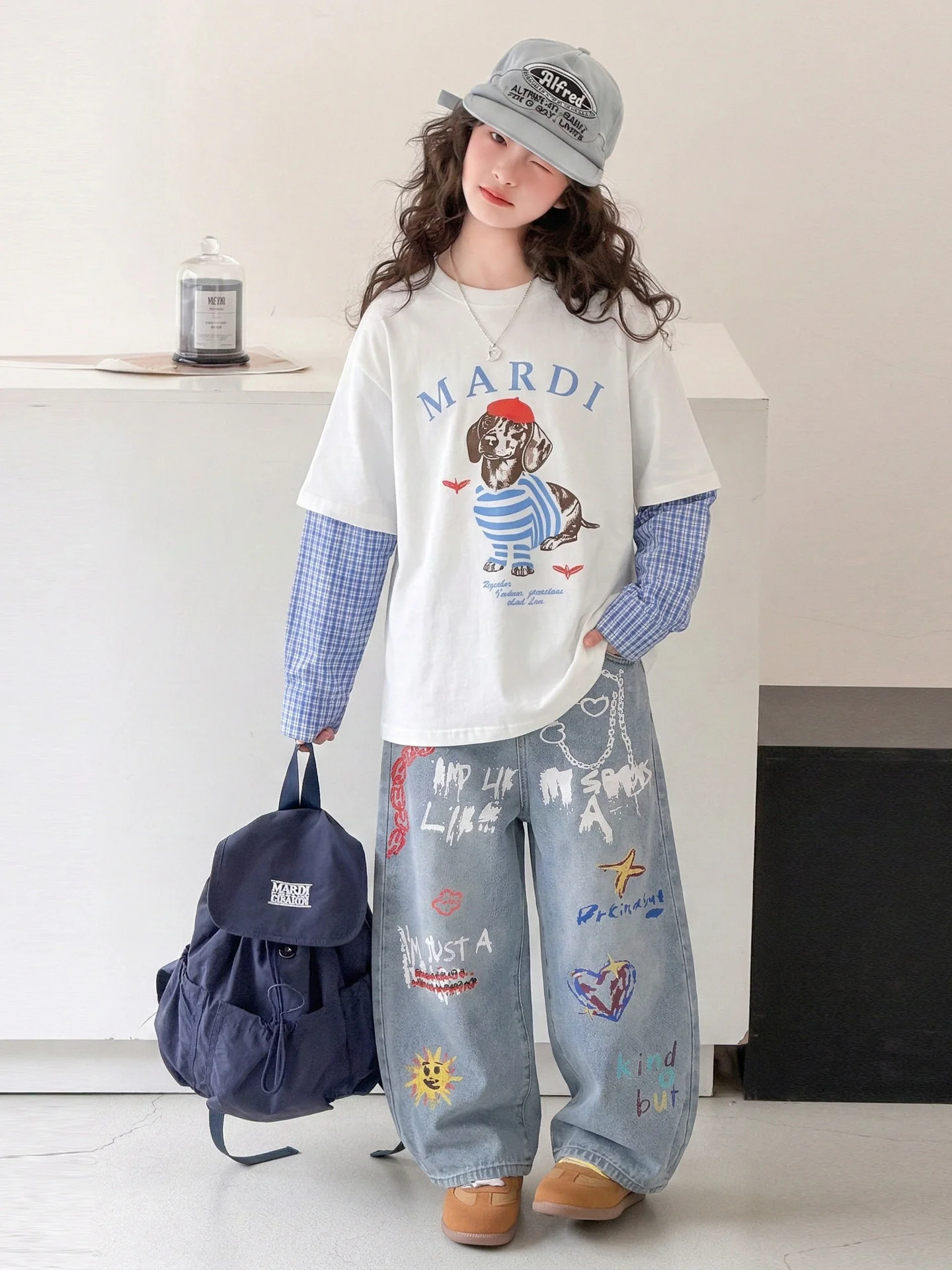 

Повседневный весенний модный комплект для девочек: джинсовые брюки с длинными рукавами, костюм-двойка в корейском стиле, детская одежда для весны и осени