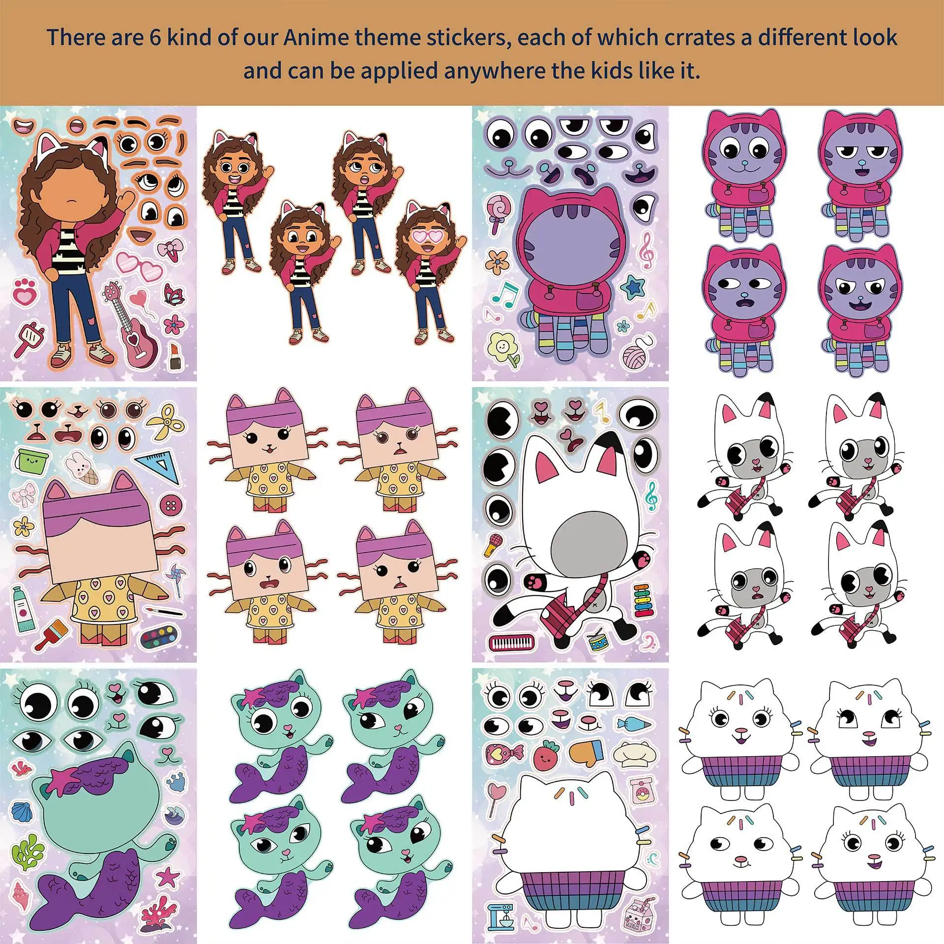 6/12Sheets Gabby's Dollhouse Make A Face Puzzle Stickers Kids Make Your Own DIY Game Children Cartoon Jigsaw Education Toys Gift