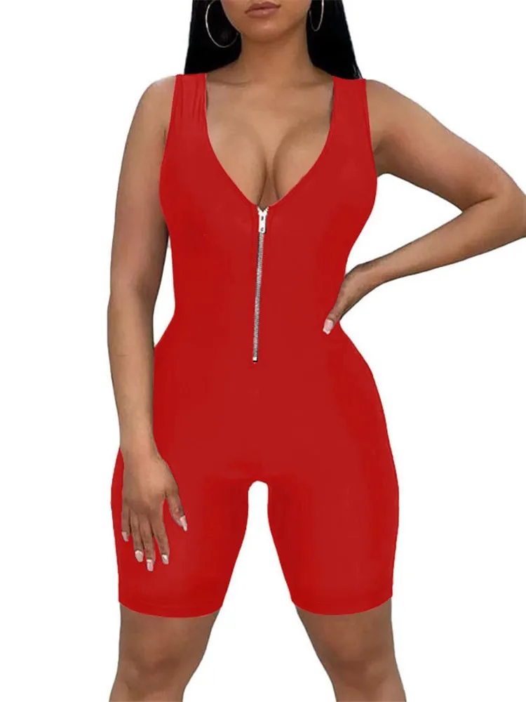 Romper Shorts Feminino Macacão Playsuit Mulher Roupas Sem Mangas Pescoço V Cintura Alta Zip Up Macacão Para As Mulheres Sexy Macacão Preto