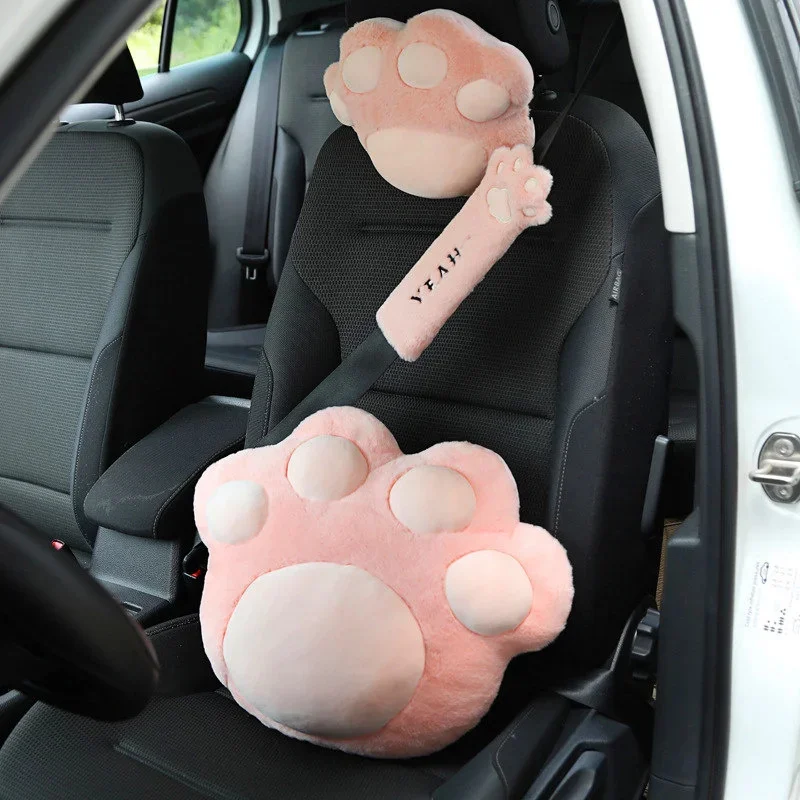 Girl Soft Car Accessories Universal Neck Cushion Pink Seatbelt Protect Seat Interior Cute Cat Claws Neck Pillow Woman Car Pillow