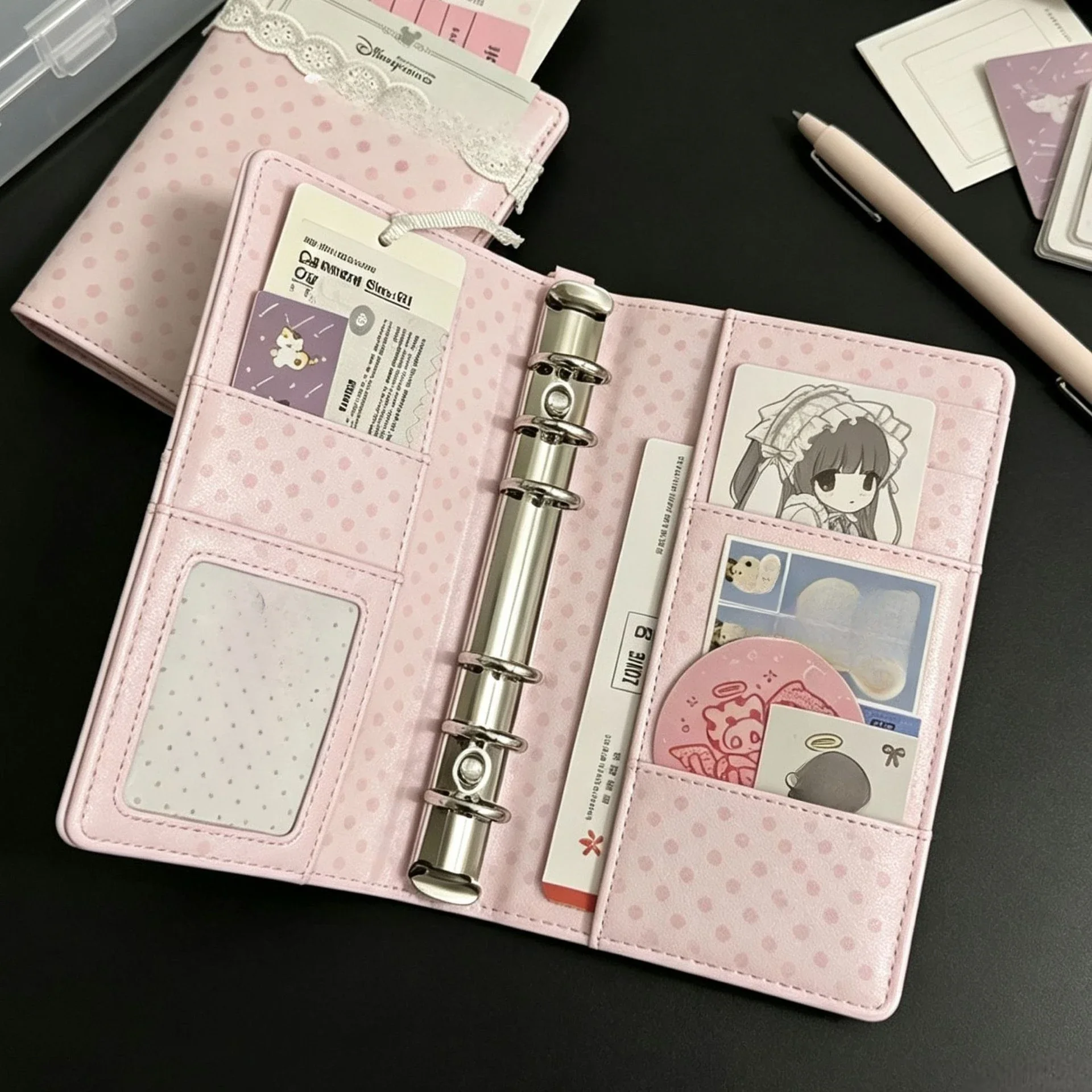 A6  Pink White Polka Dots  DIY PU Clip-on Notebook Loose Leaf Book Diary Agenda Planner Cover Album Stationery