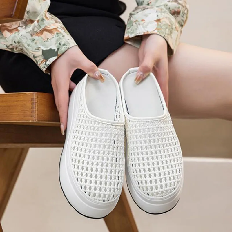 Fashion 8cm Women Platform Sneakers Casual Breathable Air Mesh Shoes Hollow Slippers Comfortable Wedge High Heel Beach Sandals