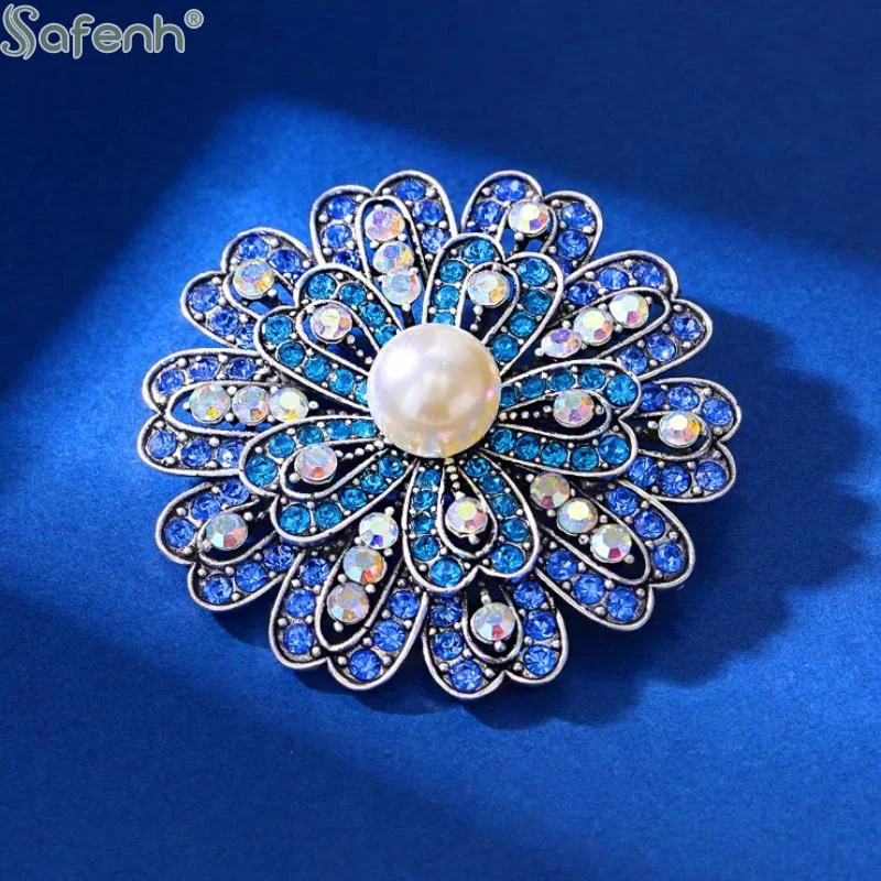 Fashion Luxury Blue Flower Pearls Brooch For Women Clothing Coat Jewelry Accessories Gifts