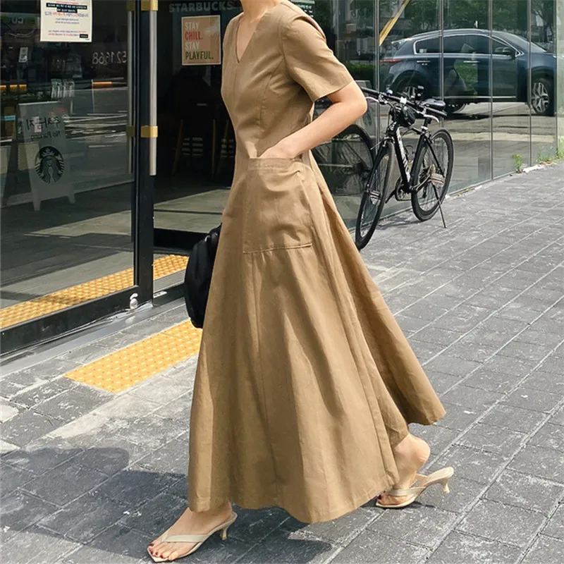 

IHOBBY Korean Women V Neck Short Sleeve Long Dress For Women Summer Casual Loose Simple Fashion Pockets Vestidos